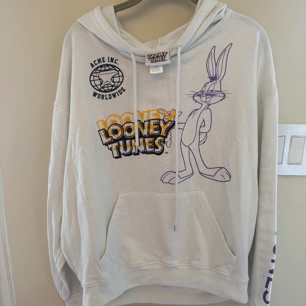 Vintage Looney Tunes Graphic White Hoodie Sweatshirt Women's Large